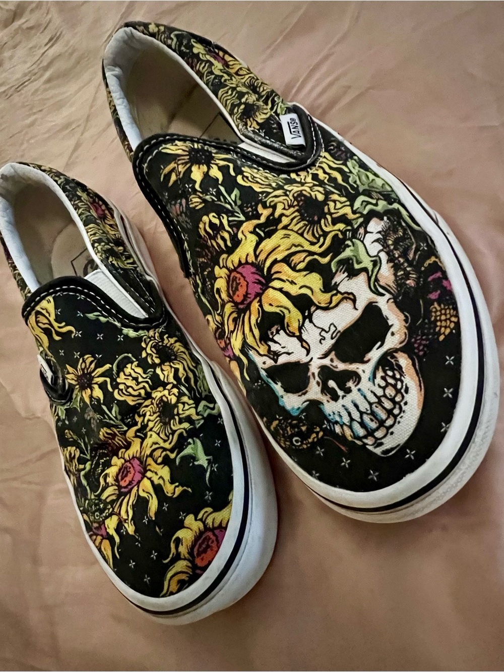 Vans Kids Slip-On Skull & Sunflower Graphic - Black with Yellow & Pink Accents